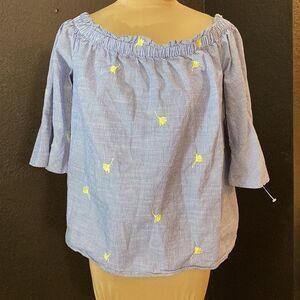 Casual Collection by F‎ & F blue white pinstripe embroidered off shoulder blouse